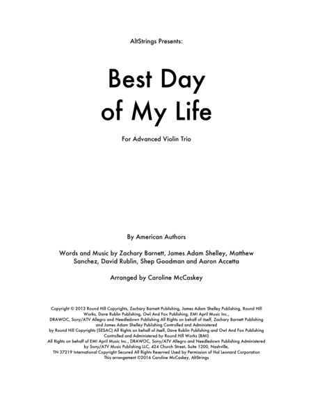 Free Sheet Music Best Day Of My Life Violin Trio