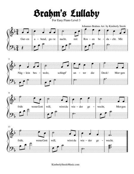 Best Recital Brahms Lullaby With German Lyrics For Easy Piano Level 3 Sheet Music