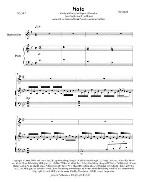 Beyonce Halo For Baritone Sax Piano Sheet Music