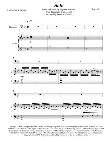 Beyonce Halo For Bassoon Piano Sheet Music