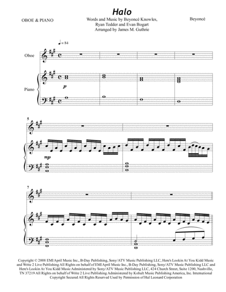 Beyonce Halo For Oboe Piano Sheet Music