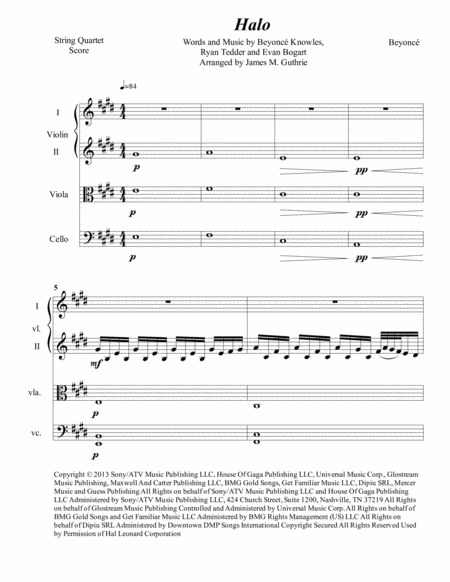 Beyonce Halo For String Quartet Sheet Music