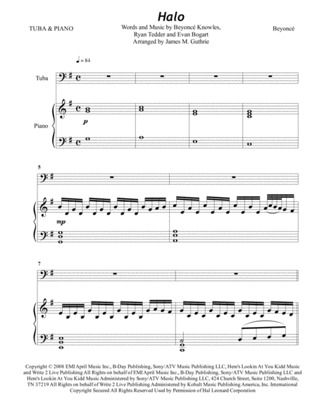 Beyonce Halo For Tuba Piano Sheet Music