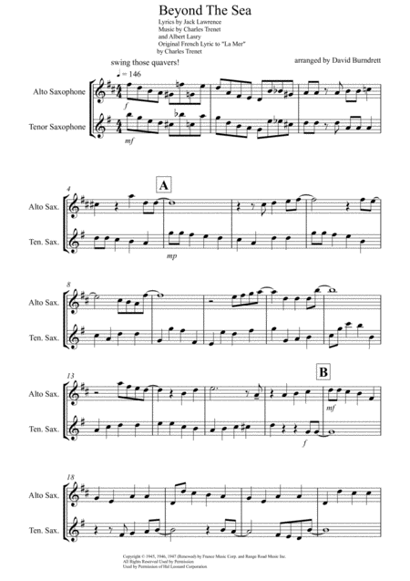 Free Sheet Music Beyond The Sea For Alto And Tenor Saxophone Duet