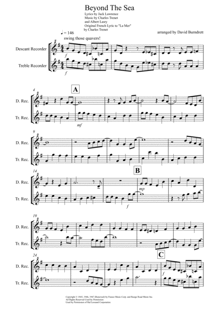 Beyond The Sea For Recorder Duet Sheet Music