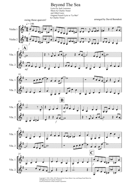 Free Sheet Music Beyond The Sea For Violin Duet