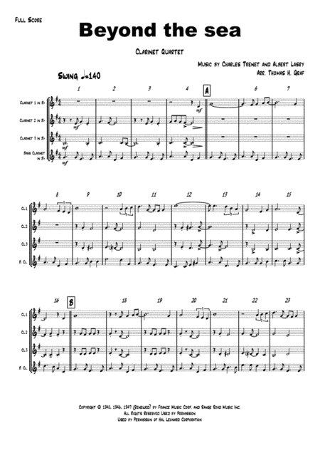 Beyond The Sea Robby Williams Bobby Darin Clarinet Quartet Sheet Music