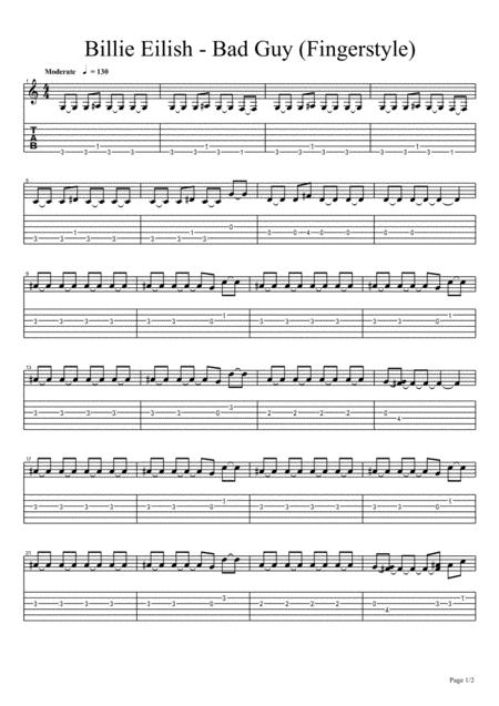 Billie Eilish Bad Guy Guitar Fingerstyle Melody Part Only Sheet Music