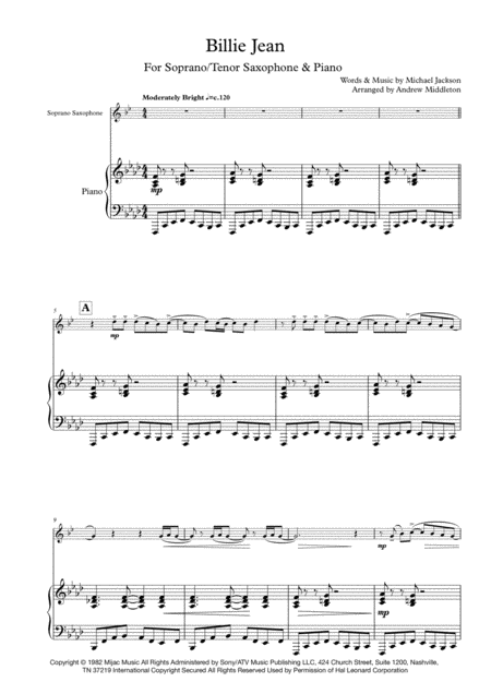 Billie Jean Arranged For Tenor Saxophone And Piano Sheet Music