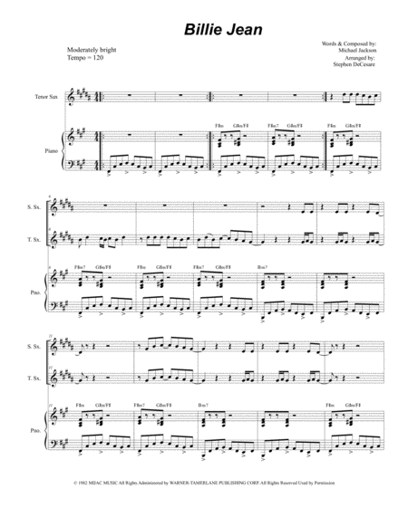 Free Sheet Music Billie Jean Duet For Soprano And Tenor Saxophone