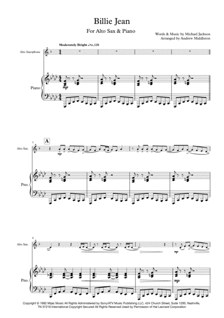 Billie Jean For Alto Saxophone And Piano Sheet Music