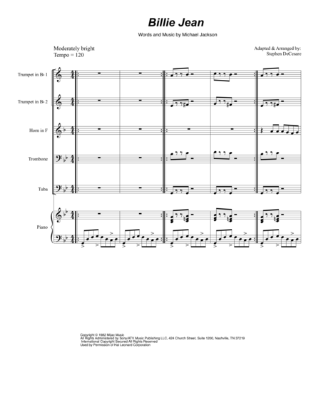 Billie Jean For Brass Quintet Sheet Music