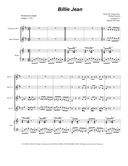 Billie Jean For Clarinet Choir And Piano Sheet Music