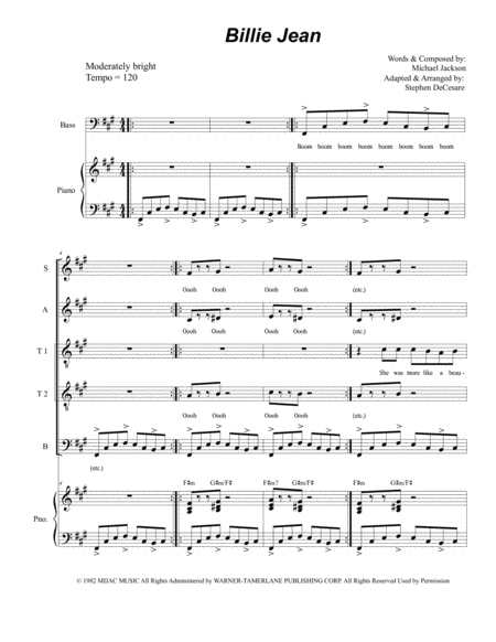 Billie Jean For Vocal Quintet Sattb Sheet Music