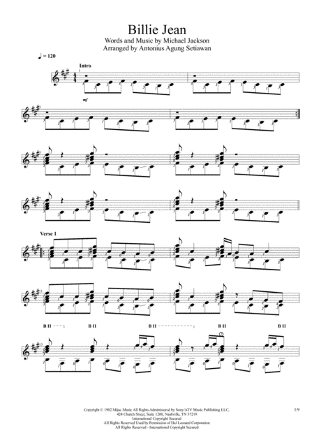 Billie Jean Solo Guitar Score Sheet Music