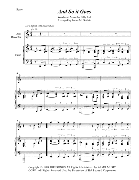 Billy Joel And So It Goes For Alto Recorder Piano Sheet Music