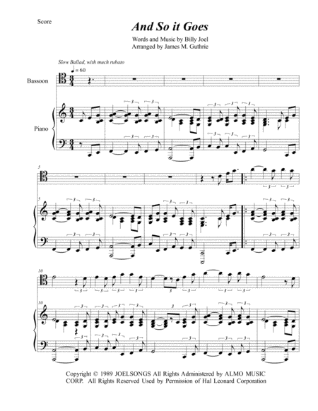 Free Sheet Music Billy Joel And So It Goes For Bassoon And Piano