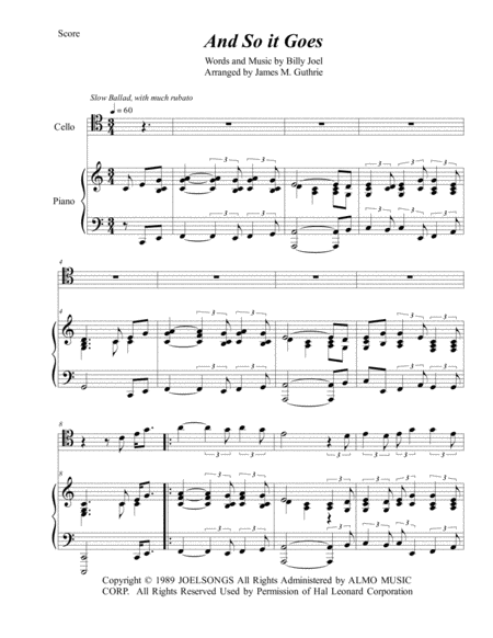 Free Sheet Music Billy Joel And So It Goes For Cello And Piano