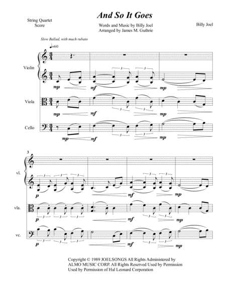 Billy Joel And So It Goes For String Quartet Sheet Music