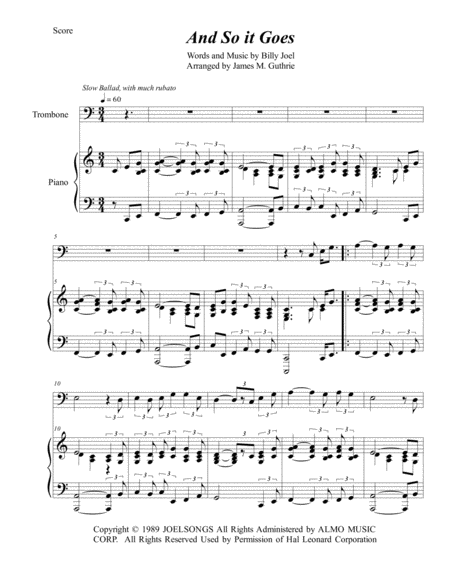 Billy Joel And So It Goes For Trombone Piano Sheet Music