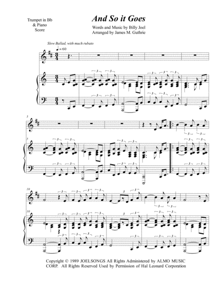 Billy Joel And So It Goes For Trumpet Piano Sheet Music