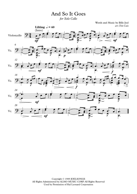 Billy Joel And So It Goes Solo Cello Sheet Music