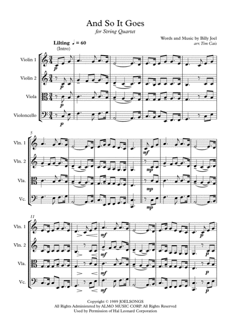 Billy Joel And So It Goes String Quartet Sheet Music