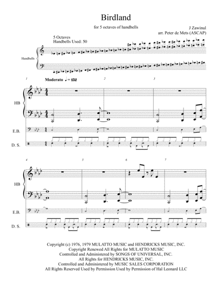 Birdland For 5 Octaves Of Handbells With Optional Bass And Drums Sheet Music