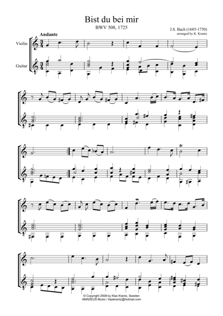 Free Sheet Music Bis Du Bei Mir Bwv 508 For Violin And Guitar