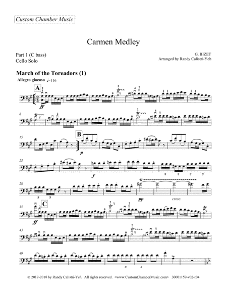 Bizet Carmen Medley For Solo Cello Or Viola Sheet Music