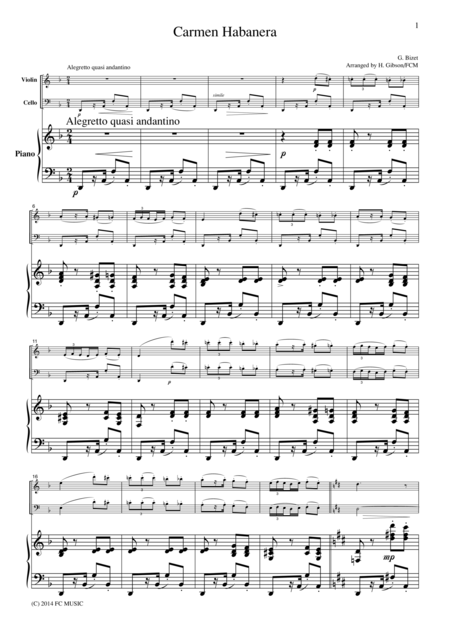 Bizet Habanera From Carmen For Piano Trio Pb302 Sheet Music