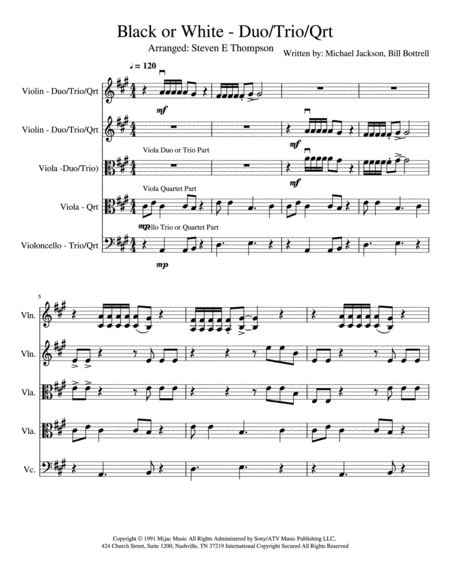 Black Or White Duo Trio Quartet Sheet Music