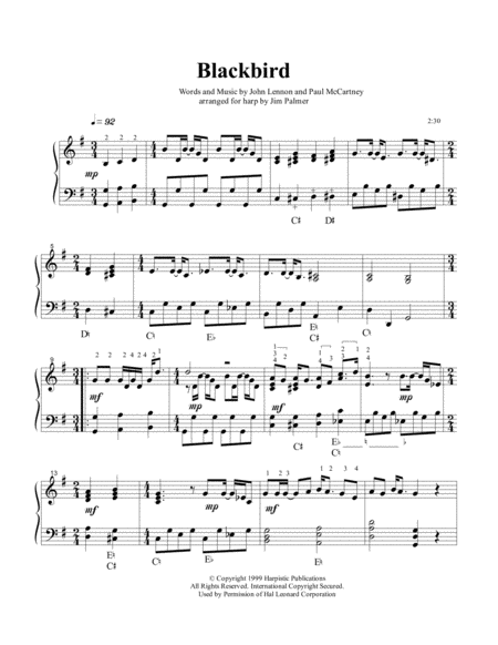 Free Sheet Music Blackbird For Pedal Harp