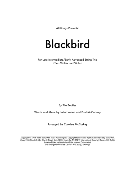 Blackbird String Trio Two Violins And Viola Sheet Music