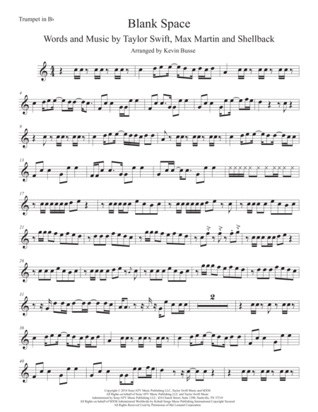 Blank Space Easy Key Of C Trumpet Sheet Music