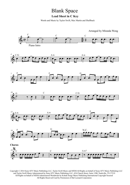 Blank Space Horn Solo And Piano Accompaniment Part With Chords Sheet Music