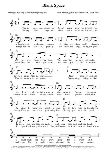 Blank Space Leadsheet For Singalongs Sheet Music