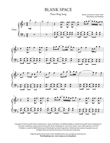 Blank Space Simplified Piano Solo Taylor Swift Sheet Music