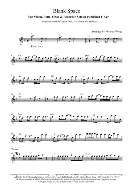 Blank Space Violin Solo In Published F Key With Chords Sheet Music