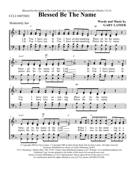 Free Sheet Music Blessed Be The Name Worship Hymn Sheet