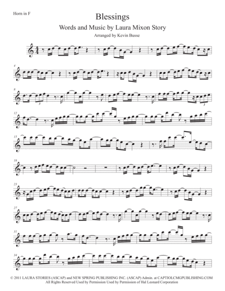 Free Sheet Music Blessings Easy Key Of C Horn In F