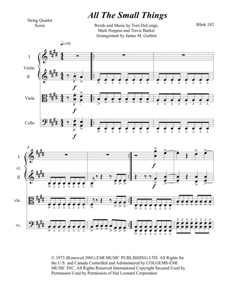 Blink 182 All The Small Things For String Quartet Sheet Music