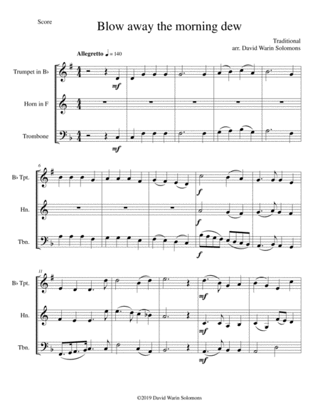 Free Sheet Music Blow Away The Morning Dew For Brass Trio Trumpet Horn Trombone