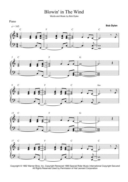 Blowin In The Wind Easy Piano Sheet Music