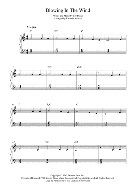 Blowin In The Wind Easy Version Sheet Music