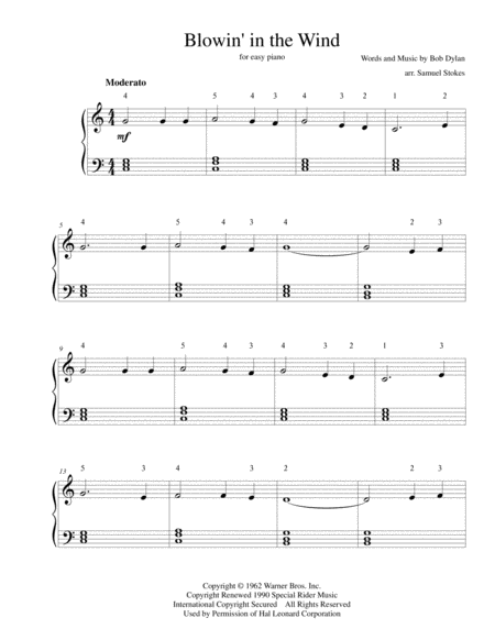 Free Sheet Music Blowin In The Wind For Easy Piano