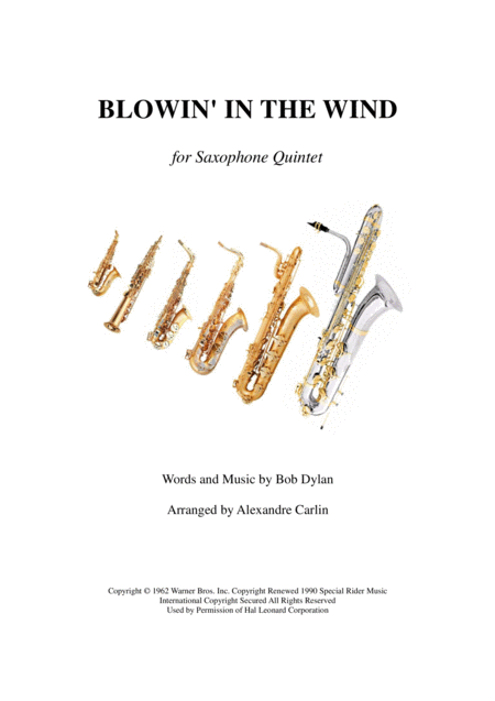 Free Sheet Music Blowin In The Wind Saxophone Quintet Or Ensemble