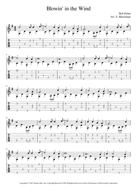 Free Sheet Music Blowin In The Wind