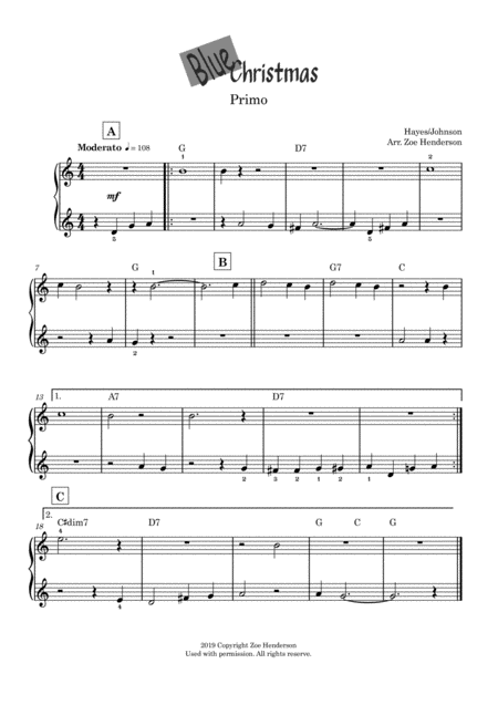 Blue Christmas Beginner Piano Duet Sheet Music