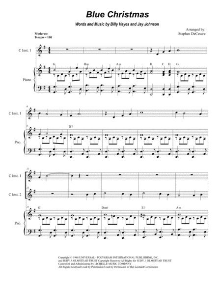 Free Sheet Music Blue Christmas Duet For C Instruments
